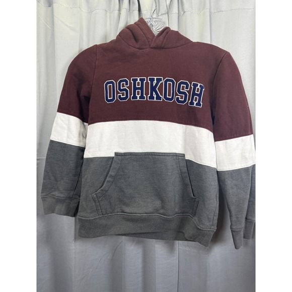 OshKosh Hoodie Youth Size 10 Burgundy Gray White Colorblock Pullover Sweatshirt - Picture 1 of 4